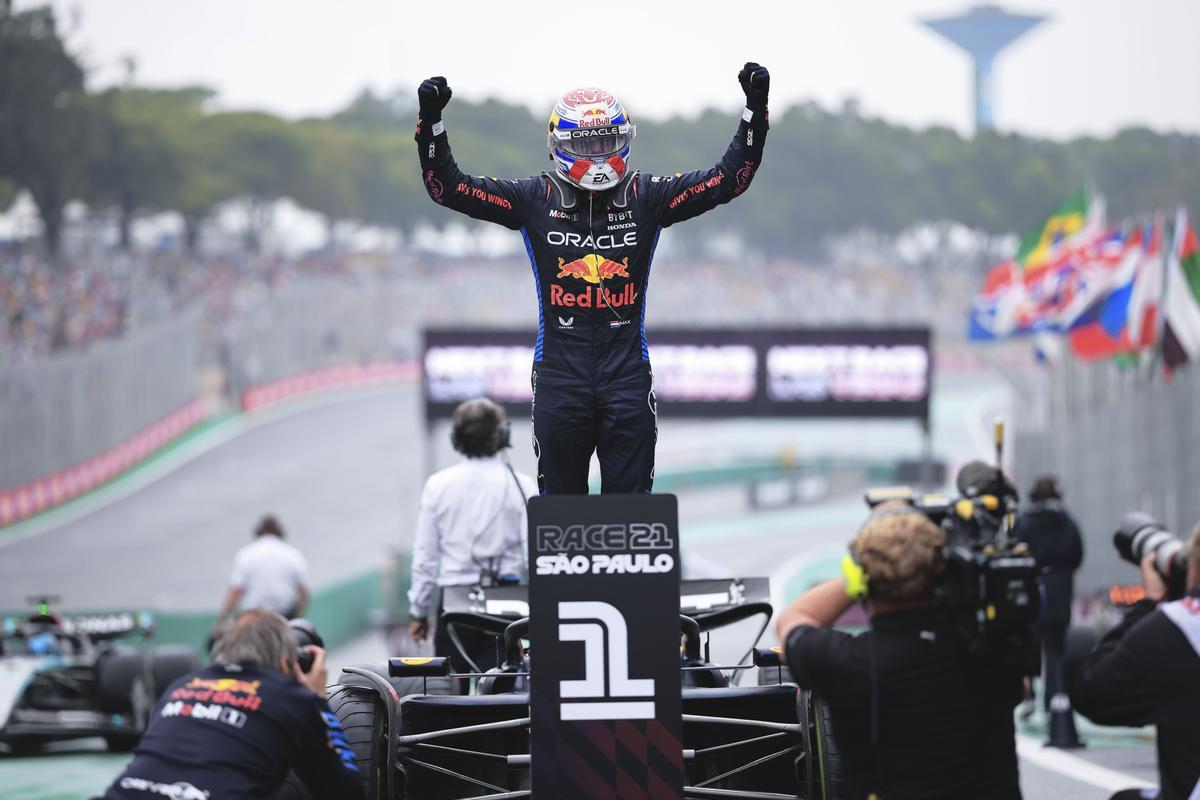 Red Bull driver Max Verstappen of the Netherlands, celebrates finishing first in the Brazilian Formula One Grand Prix at the Interlagos race track, in Sao Paulo, Brazil, Sunday, Nov. 3, 2024. (AP Photo/Ettore Chiereguini)