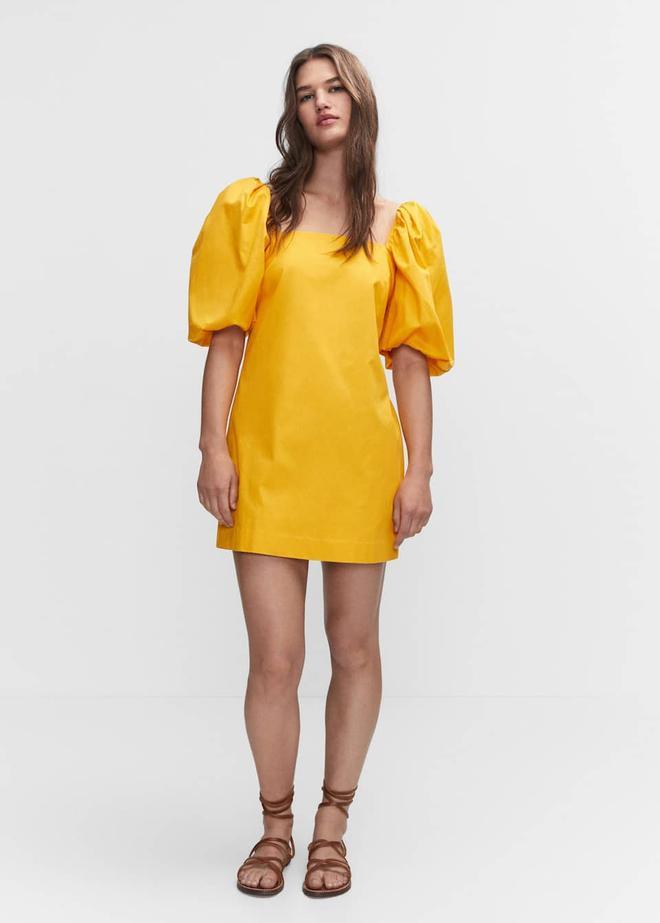 Vestido amarillo corto con manga abullonada de Mango