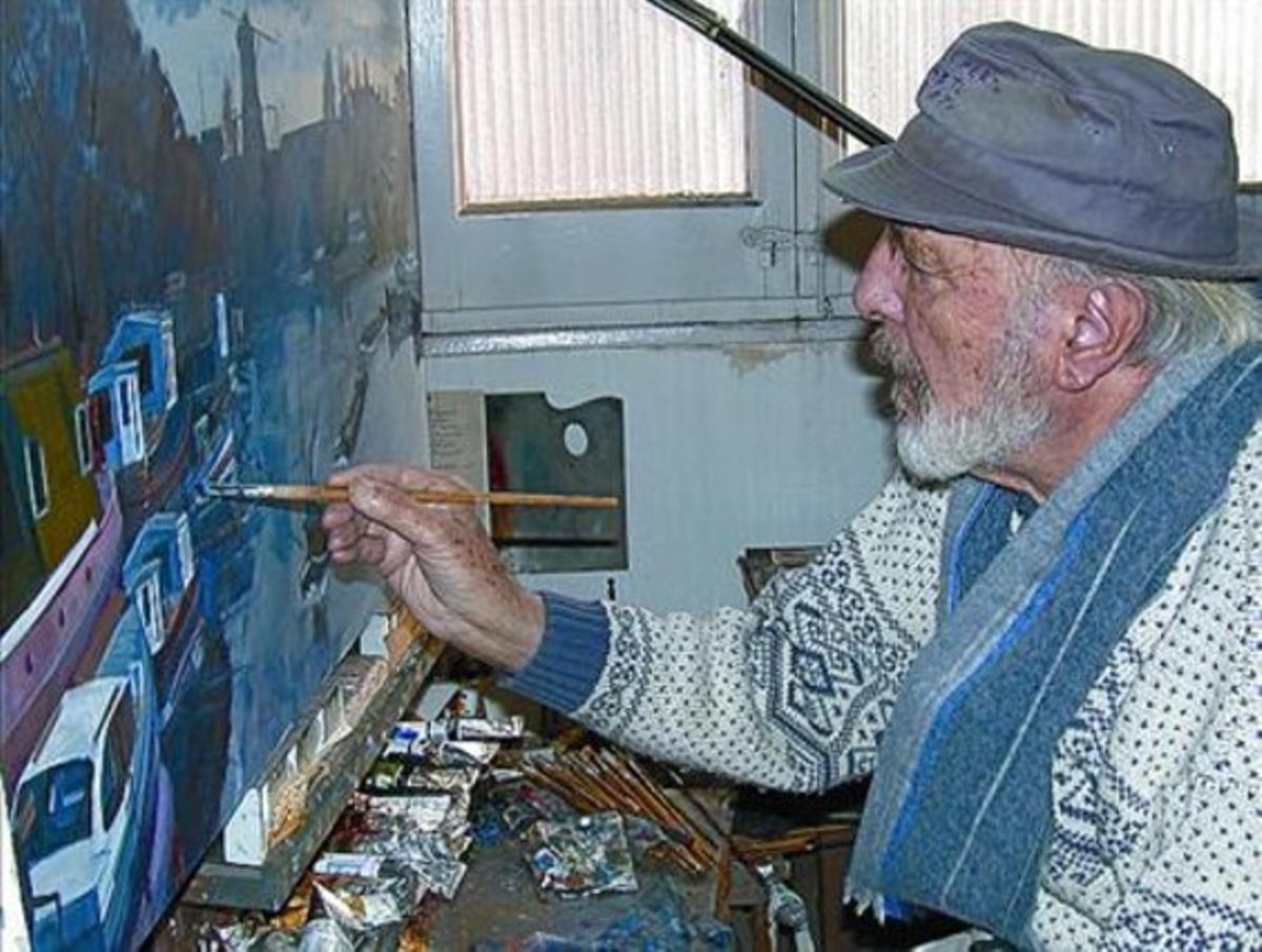 Verdaguer, fotografiat mentre pintava un quadro al seu estudi. Verdaguer, fotografiat mentre pintava un quadro al seu estudi.