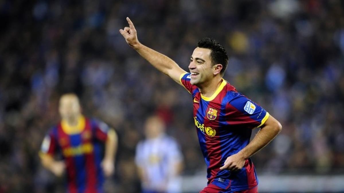 Xavi Hernández, tras marcar un gol ante el Espanyol, el pasado 18 de diciembre, en Cornellà.