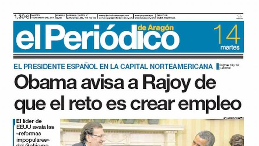 “Obama avisa a rajoy de que el reto es crear empleo”, en la portada de EL PERIÓDICO DE ARAGÓN