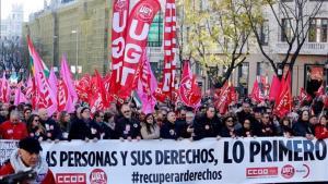 Manifestación de CCOO y UGT en Madrid, el pasado domingo.