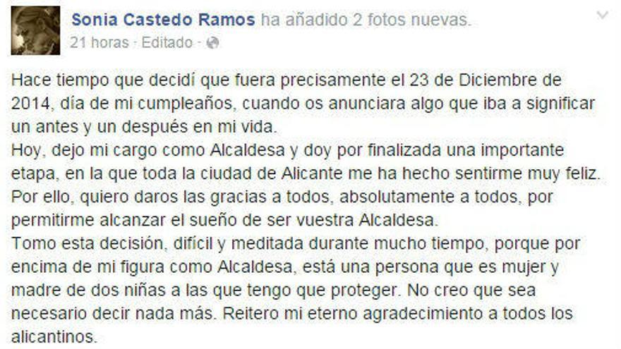 Parte del mensaje de Facebook en el que Castedo anunciaba su renuncia