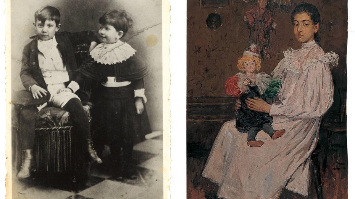 Pablo Picasso y su hermana Lola, en Málaga, en 1888. A la derecha retrato de ella que el joven artista pintó entre 1896 y 1897.