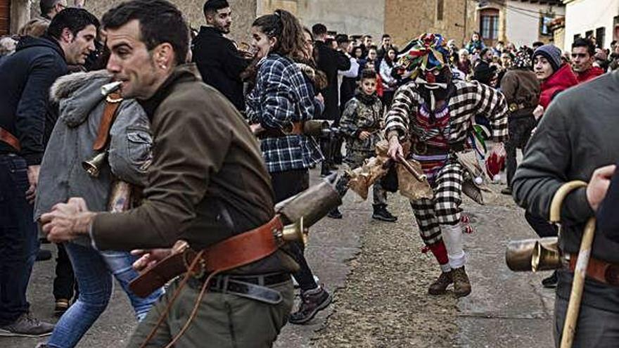 El Zangarrón de Sanzoles, una de las mascaradas señeras de la provincia, en plena acción.
