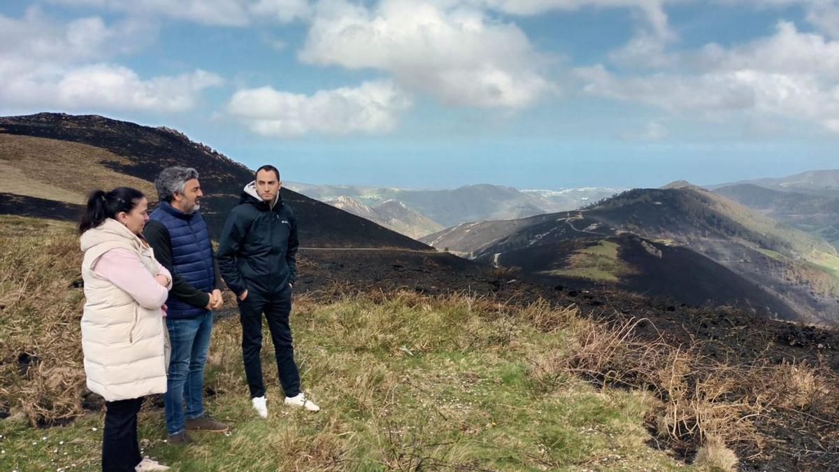El consejero Alejandro Calvo (en el centro) observa desde Aristébano los montes alcanzados por las llamas con la teniente de alcalde de Valdés, Sandra Gil, y el concejal de Medio Rural valdesano, Jesús Fernández.