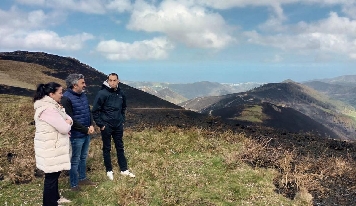 El consejero Alejandro Calvo (en el centro) observa desde Aristébano los montes alcanzados por las llamas con la teniente de alcalde de Valdés, Sandra Gil, y el concejal de Medio Rural valdesano, Jesús Fernández.