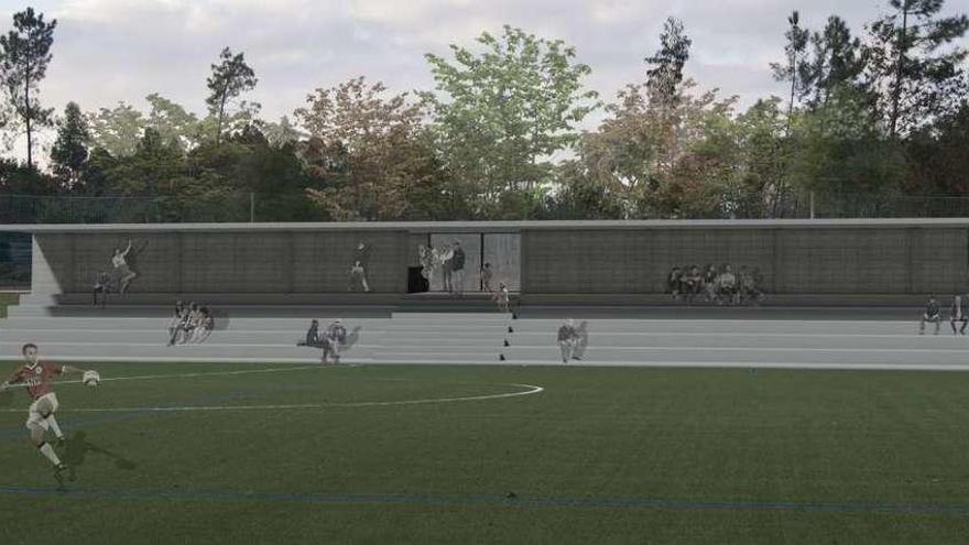 Recreación virtual de la grada cubierta en el campo de fútbol de Iñás.