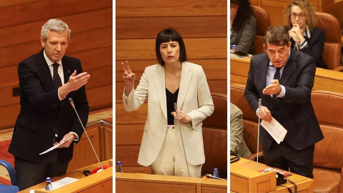 Rueda, Pontón y Besteiro, durante la sesión parlamentaria de este miércoles,