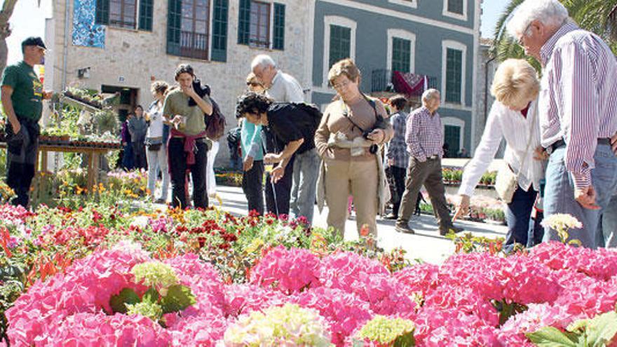 Varias personas miran uno de los numerosos puestos de flores, ayer en Costitx.