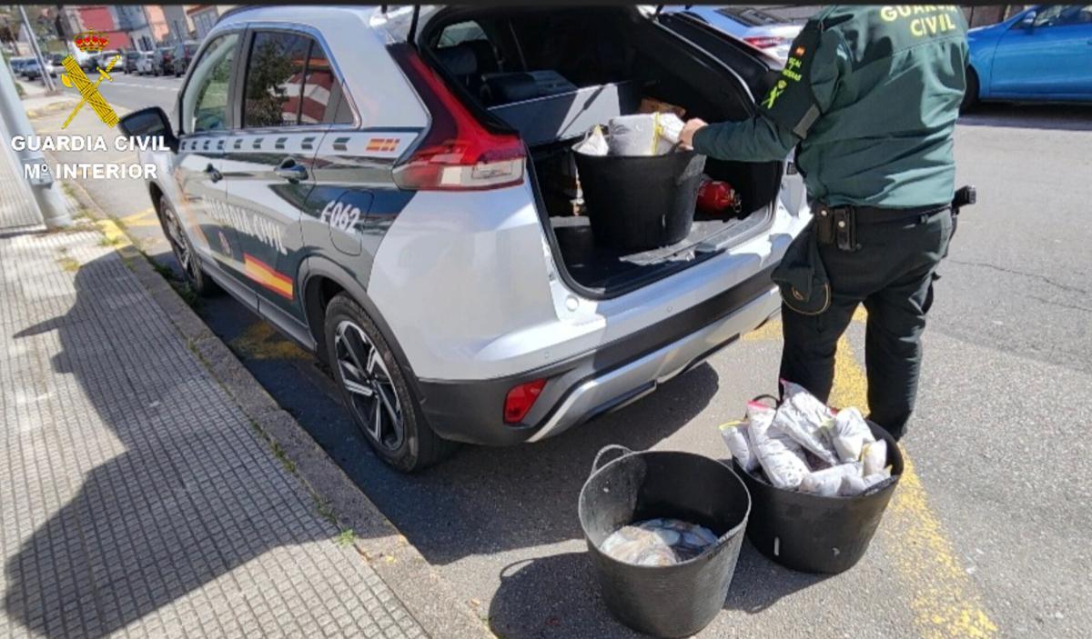 Un agente con el producto decomisado en el interior del vehículo oficial.