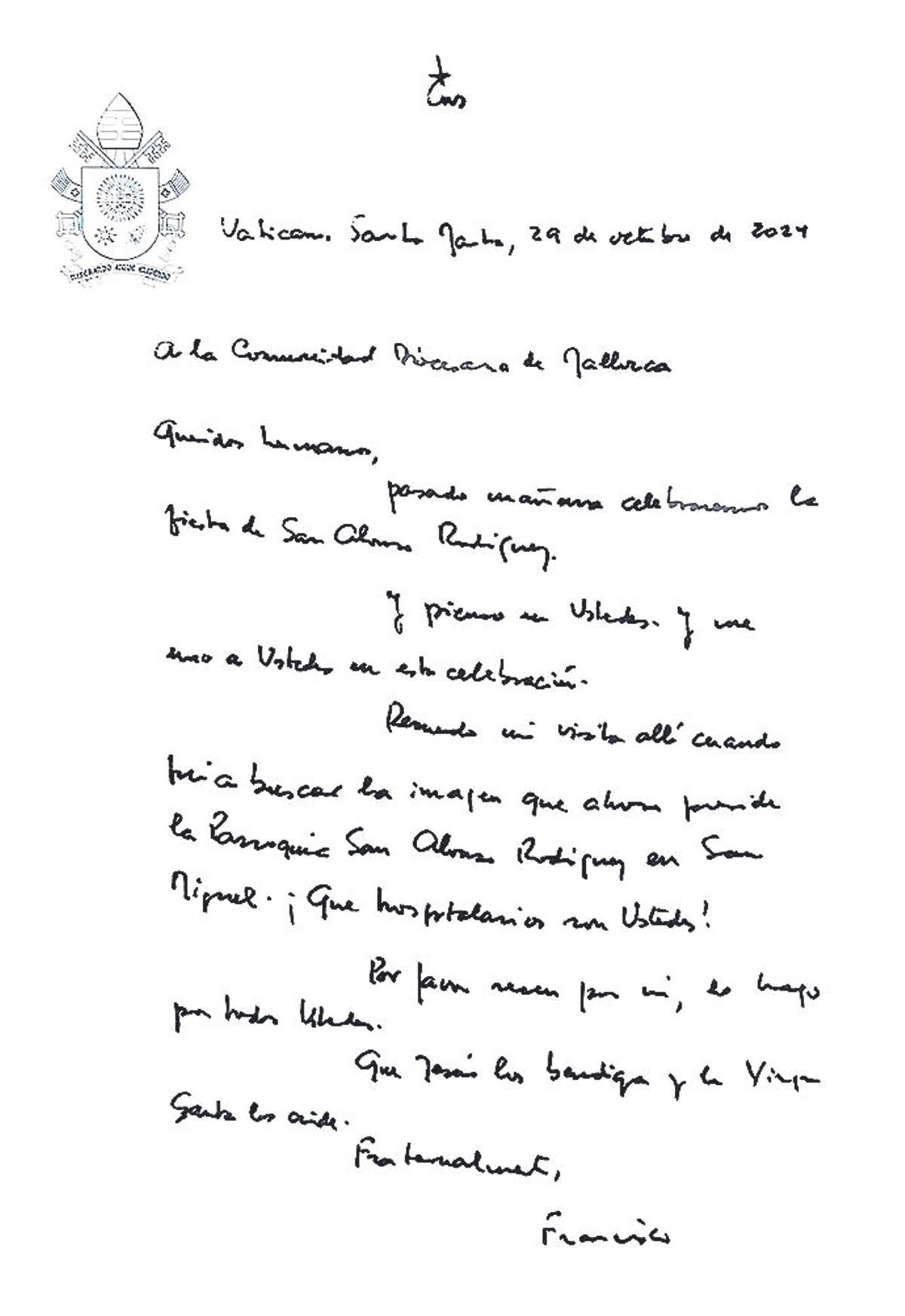La segunda carta es de 2024, manuscrita y firmada por Francisco.