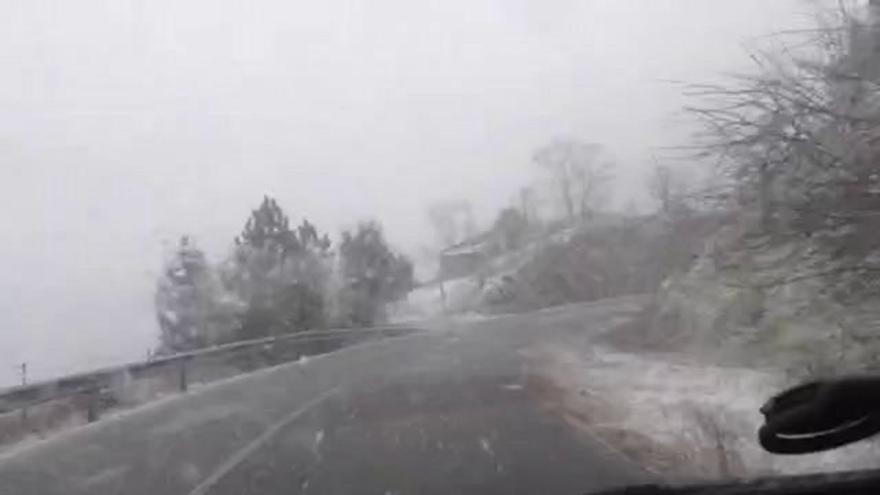 Nieve en la carretera que une Berzocana con Logrosán