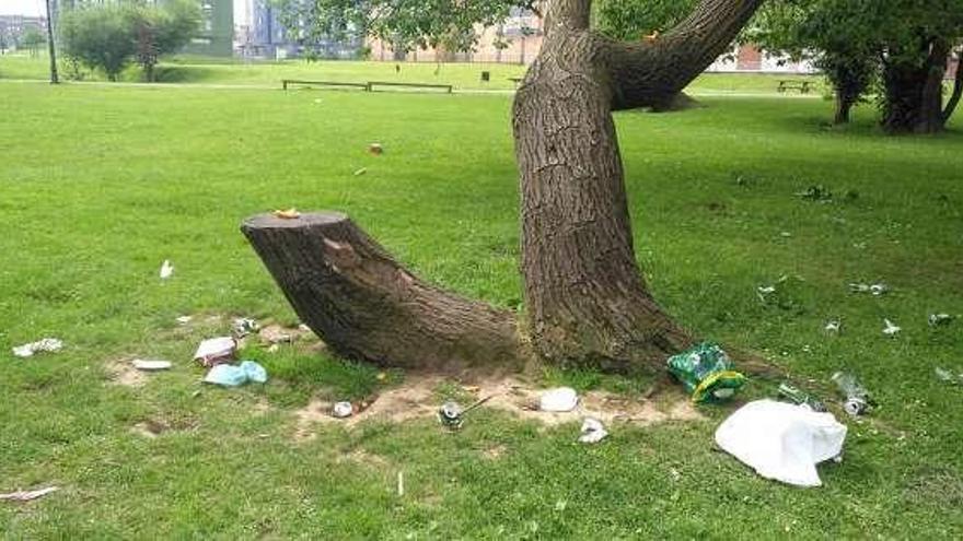 Una zona verde La Corredoria llena de basura, ayer.