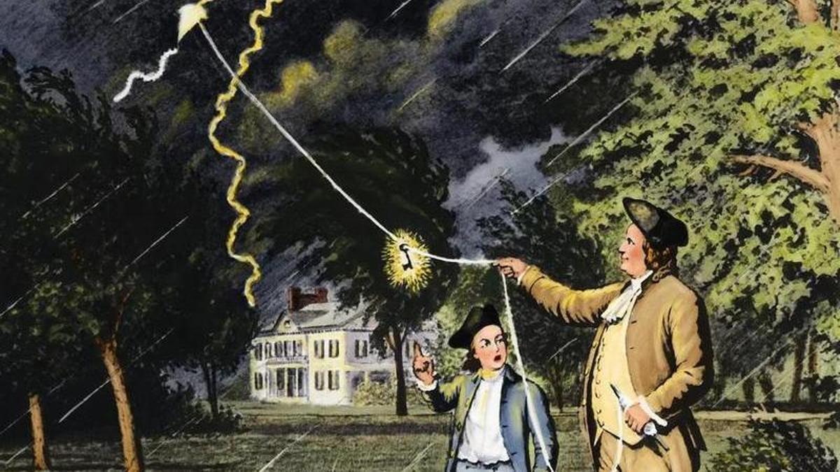 Ilustración hacia 1752 con la figura de Benjamín Franklin en el experimento con una cometa.