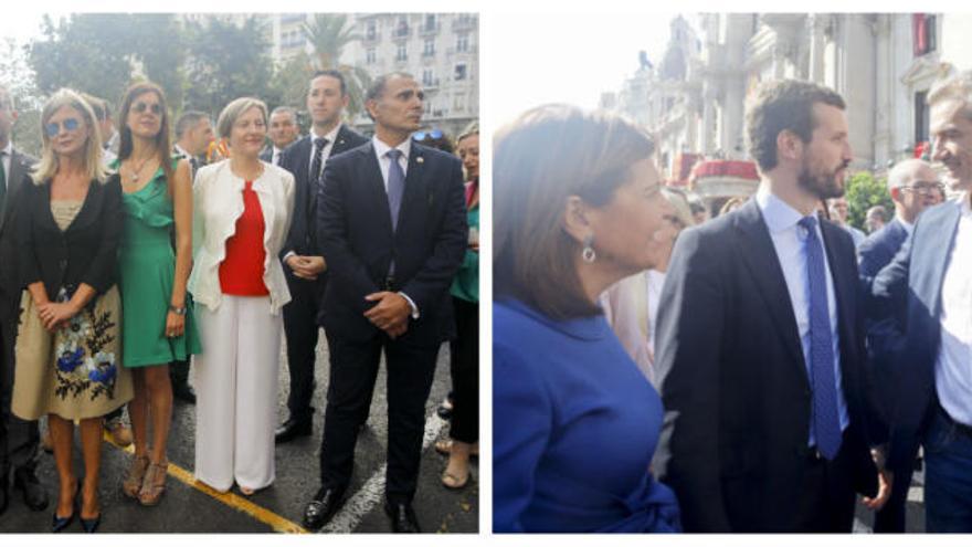 A la izquierda, miembros del Consell a las puertas del Ayuntamiento de València. A la derecha, Isabel Bonig, Pablo Casado y Toni Cantó, en la bajada de la Senyera en la plaza del Ayuntamiento.