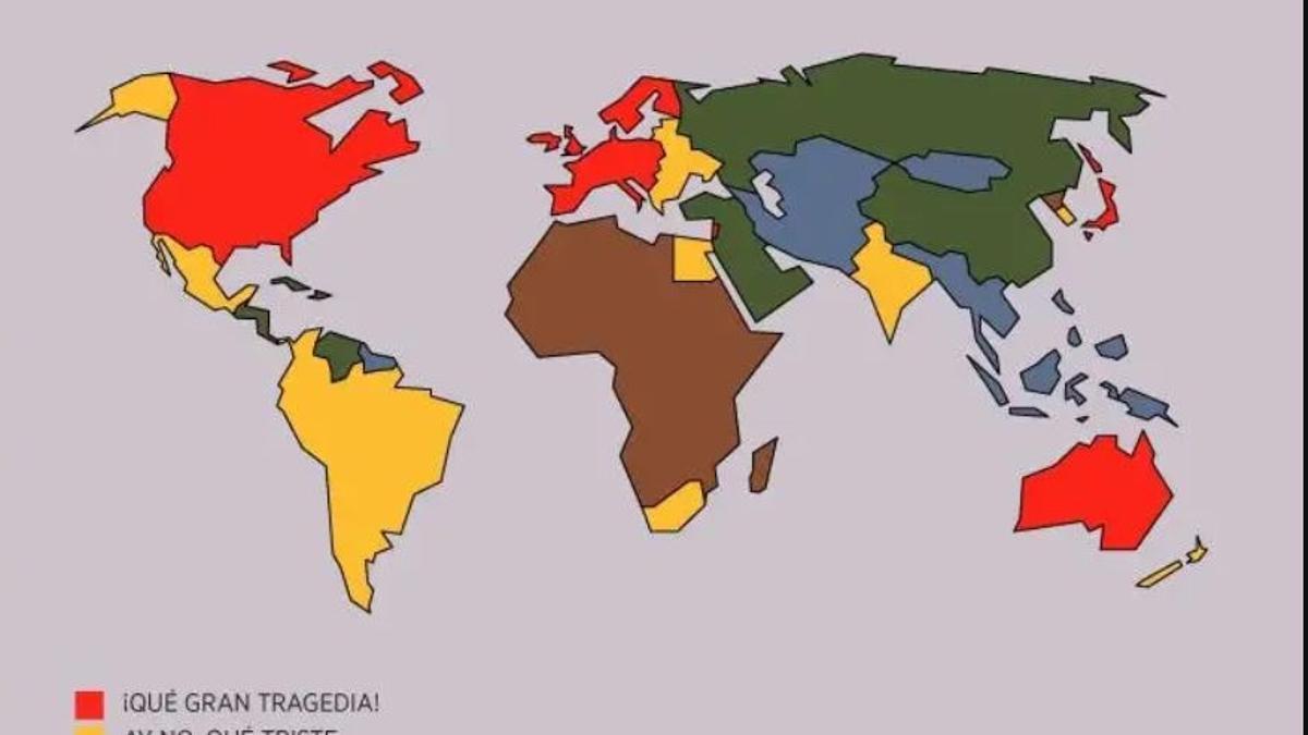 Mapa mundi trágico que refleja la percepción de la tragedia en función de donde ocurra.