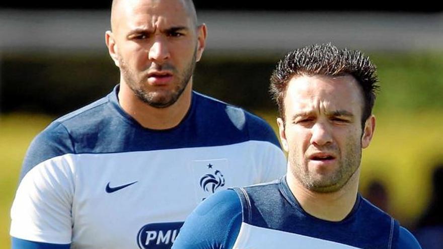 Benzema i Valbuena, en un entrenament de la selecció francesa