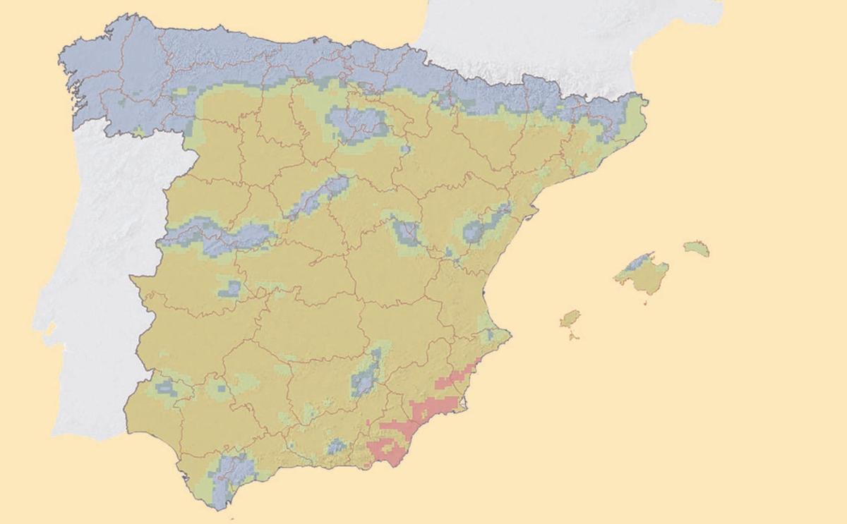 Mapa sobre la aridez en España: Rojo árido; ocre: semiárido; verde: subhúmedo seco; y azul: subhúmedo húmedo.