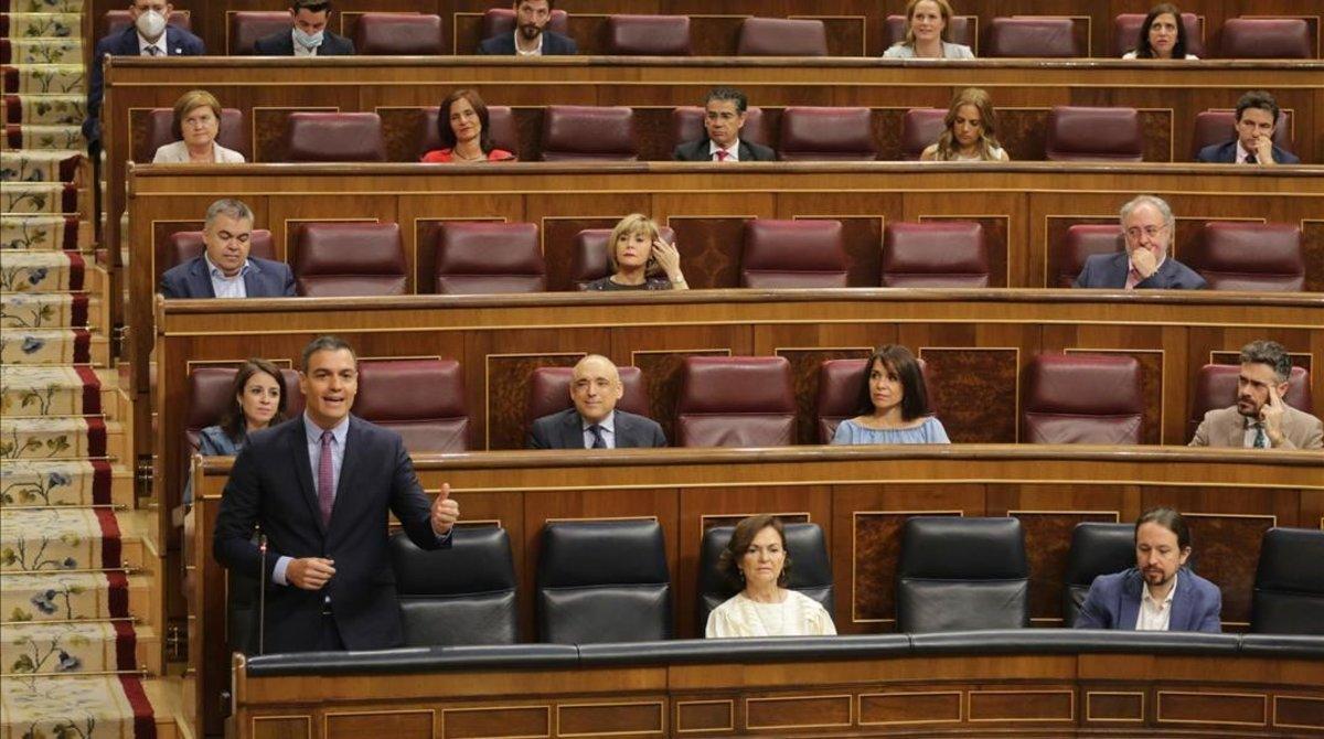 Pedro Sánchez y el grupo socialista, durante el pleno de este miércoles.