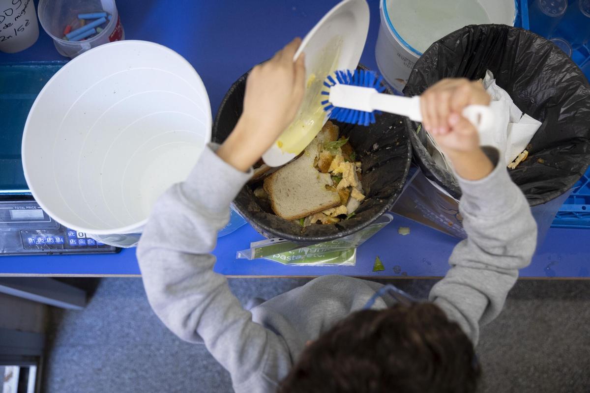 Un niño limpia su plato en el comedor del colegio público Collserola, en Sant Cugat (Barcelona).