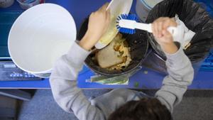 Un niño limpia su plato en el comedor del colegio público Collserola, en Sant Cugat (Barcelona).