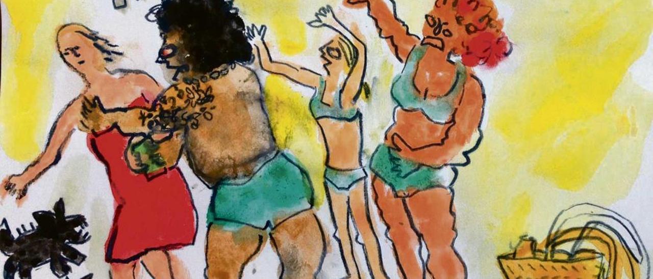 El dibujo de la artista Conxita Boncompte recoge el momento en el que fue acosada por los bañistas en la playa.