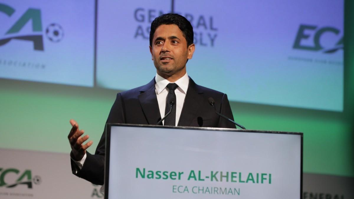 Nasser Al-Khelaifi, presidente de la ECA, durante la asamblea