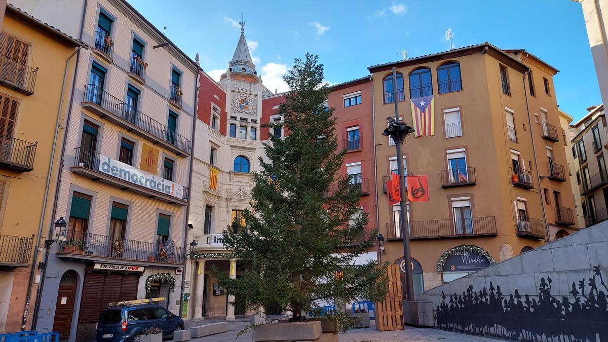 Muntatge de l'arbre de Nadal a la plaça de Sant Pere