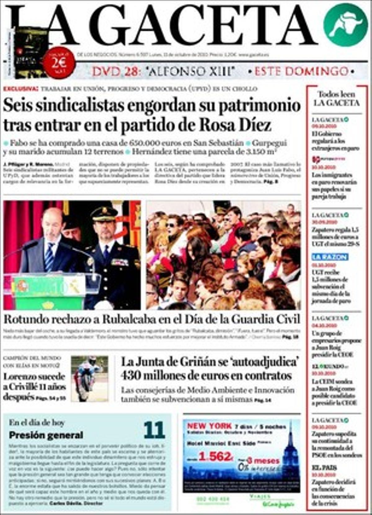 ’La Gaceta’, a més dels temes que porta en primera pàgina, destaca que les pimes espanyoles viuen l’asfíxia financera més gran d’Europa, el casament del fill de l’home més ric del món, Carlos Slim Helu --Carlos Slim Domit va contraure matrimoni amb María Elena Torruco, néta d’un mite del cine mexicà dels anys 40--, i que la UE admet el seu fracàs en la protecció de la biodiversitat.