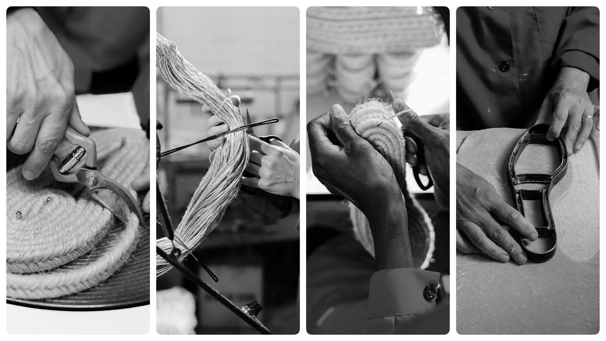 Imágenes de varios artesanos en el proceso de fabricación de las alpargatas Castañer.