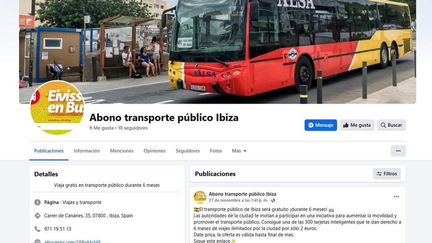 Una estafa en redes sociales ofrece transporte público en Ibiza durante seis meses por dos euros