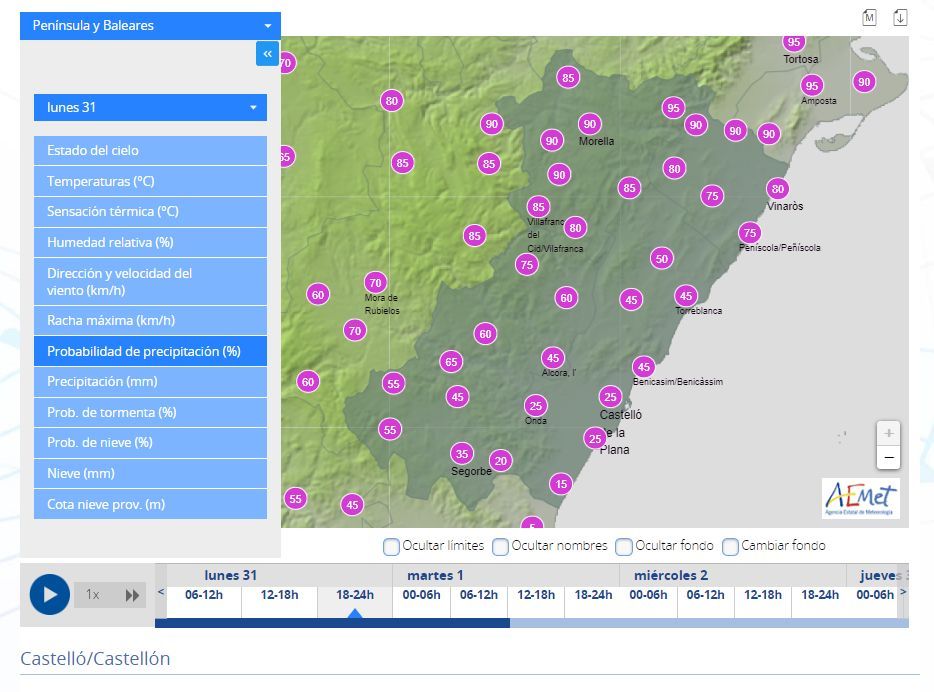 Probabilidad de lluvia en Castellón entre las 18.00 y las 0.00 horas.