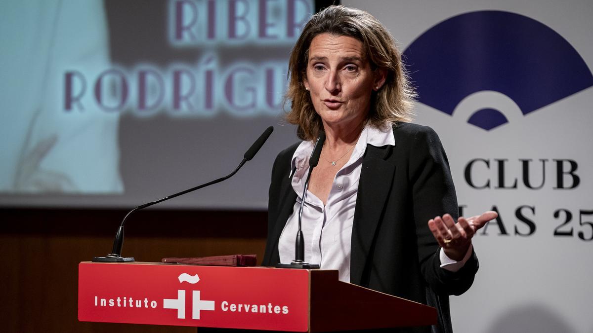 La vicepresidenta tercera y ministra para la Transición Ecológica y el Reto Demográfico, Teresa Ribera, interviene durante la XXVII edición de los 'Premios Club de las 25', en el Instituto Cervantes, a 24 de octubre de 2024, en Madrid (España).