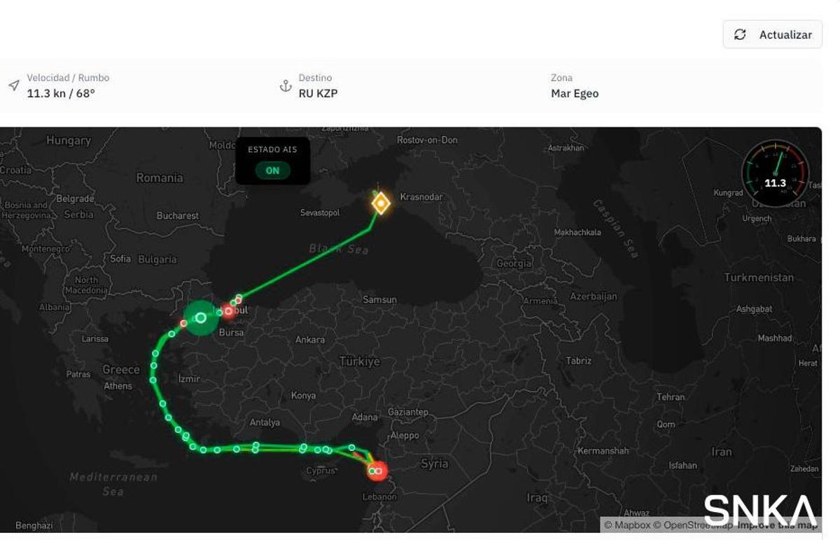 Monitoreo de posiciones de un buque ruso en la travesía de Tartús (Siria) a Krasnodar, puerto ruso en el mar Negro