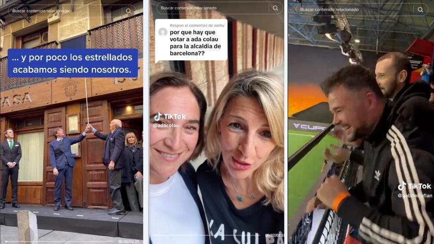 Aparecer en Tik Tok protagonizando vídeos cortos se ha vuelto imprescindible para los políticos. De izquierda a derecha, el alcalde de Madrid, José Luis Martínez-Almeida, inaugurando; loa alcaldesa de Barcelona, Ada Colau, recibiendo el apoyo de Yolanda Díaz; y el candidato republicano a gobernar Santa Coloma, Gabriel Rufián, celebrando un gol en un partido de fútbol.