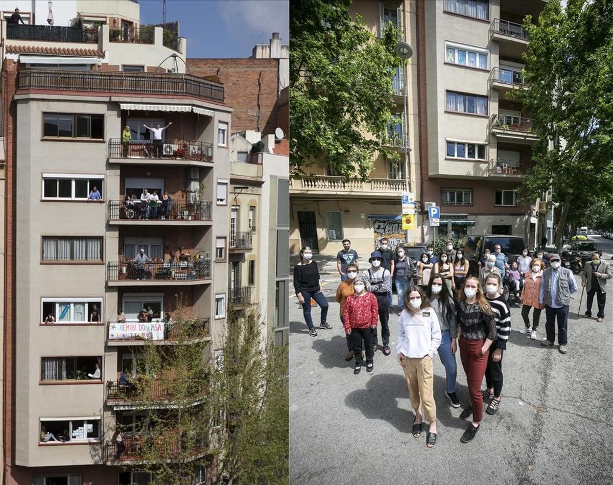 Los vecinos de la finca situada en la calle Provença, 501, posaron al estilo de la comunidad ’13, Rue del Percebe’ durante el encierro. Dos meses después, se prestaron a que EL PERIÓDICO ilustrara su salida a la calle. «El confinamiento nos unió como vecinos. Pasamos de un simple ’hola’ a un ’¿necesitas algo?’», señala Danny Caminal, vecino y el fotógrafo del diario que organizó las tomas.