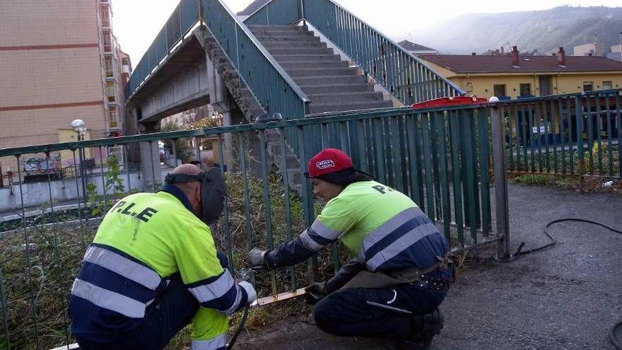 Dos operarios trabajando en una pasarela ubicada en Mieres.