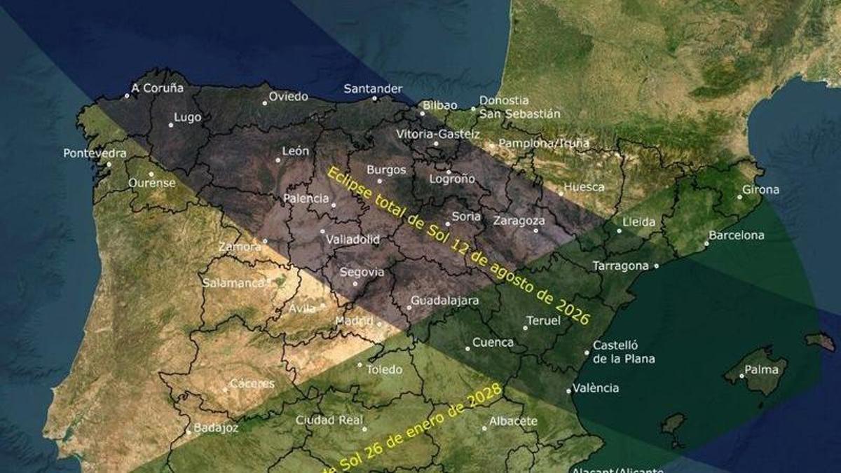 Franja de totalidad de los eclipses de 2026, 2027 y 2028.