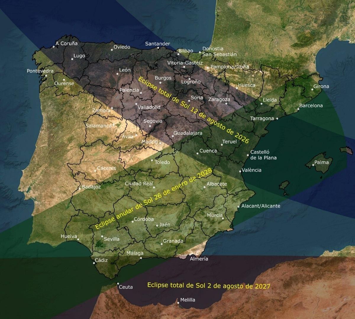 Franja de totalidad de los eclipses de 2026, 2027 y 2028.