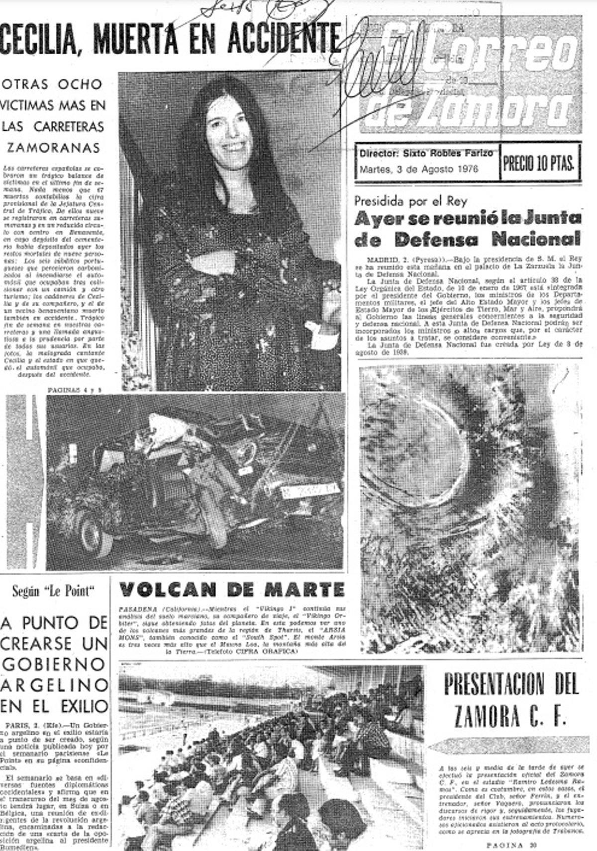 La muerte de Cecilia, en la portada de EL CORREO DE ZAMORA