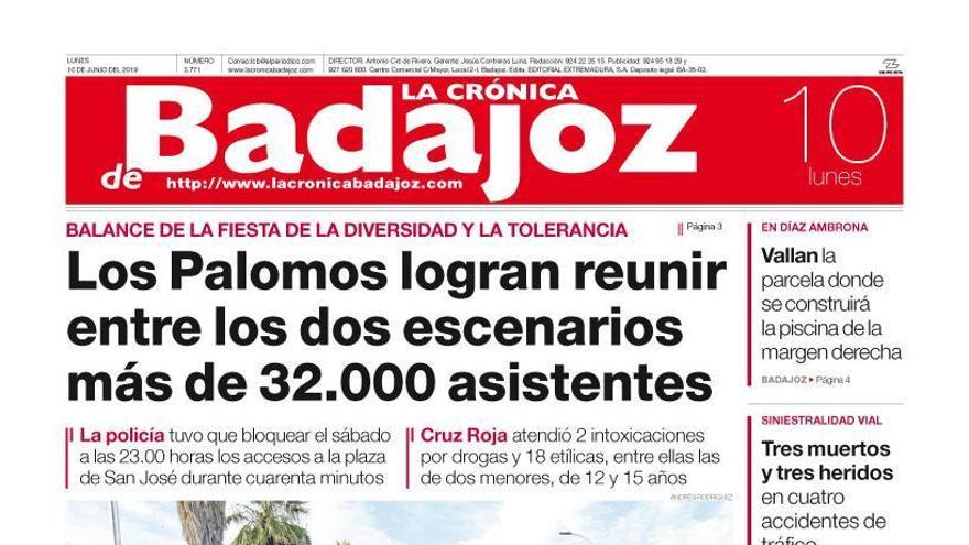 Esta es la portada de LA CRÓNICA DE BADAJOZ correspondiente al día 10 de junio del 2019