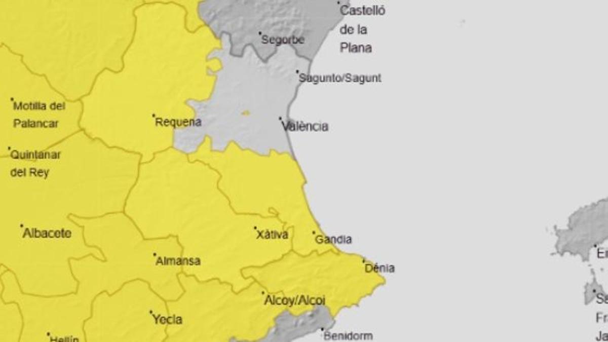 Aviso amarillo por fuertes tormentas y posible granizo en parte de la C.Valenciana.
