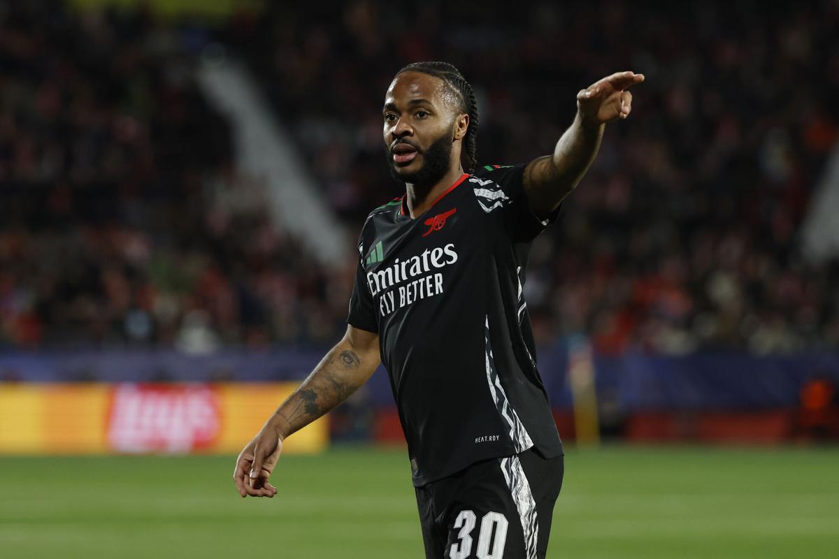 Arsenal's Raheem Sterling gestures during the Champions League opening phase soccer match between Girona and Arsenal at the Estadi Montilivi in Girona, Spain, Wednesday, Jan. 29, 2025. (AP Photo/Joan Monfort)