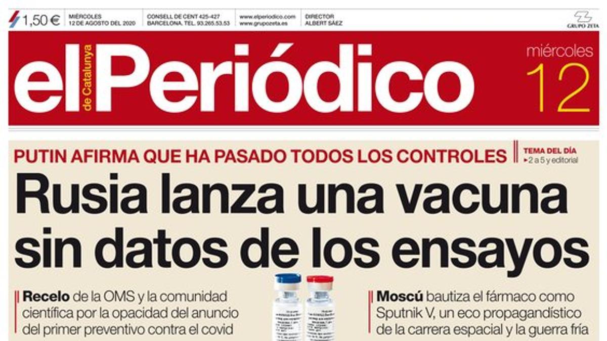 La portada de EL PERIÓDICO del 12 de agosto del 2020