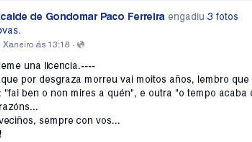 Uno de los comentarios públicos del perfil oficial del alcalde de Gondomar horas antes de la asamblea en la que CABE decidió abandonar el tripartito. // Facebook