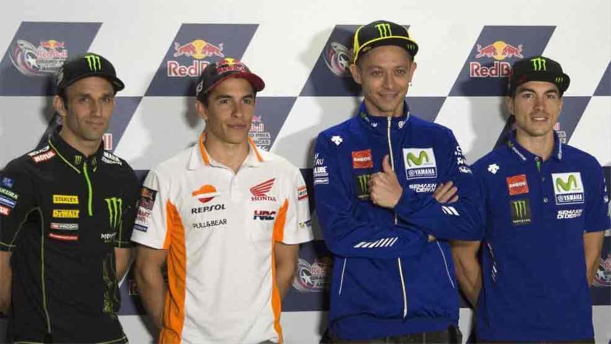 Márquez y Rossi, flanqueados por Zarco y Viñales en la rueda de prensa de Austin