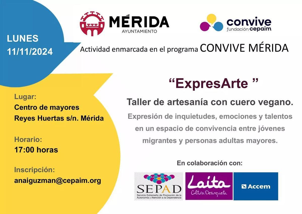 Cartel de los talleres de artesanía de los centros de mayores 'Reyes Huertas' y 'El Calvario' de Mérida.