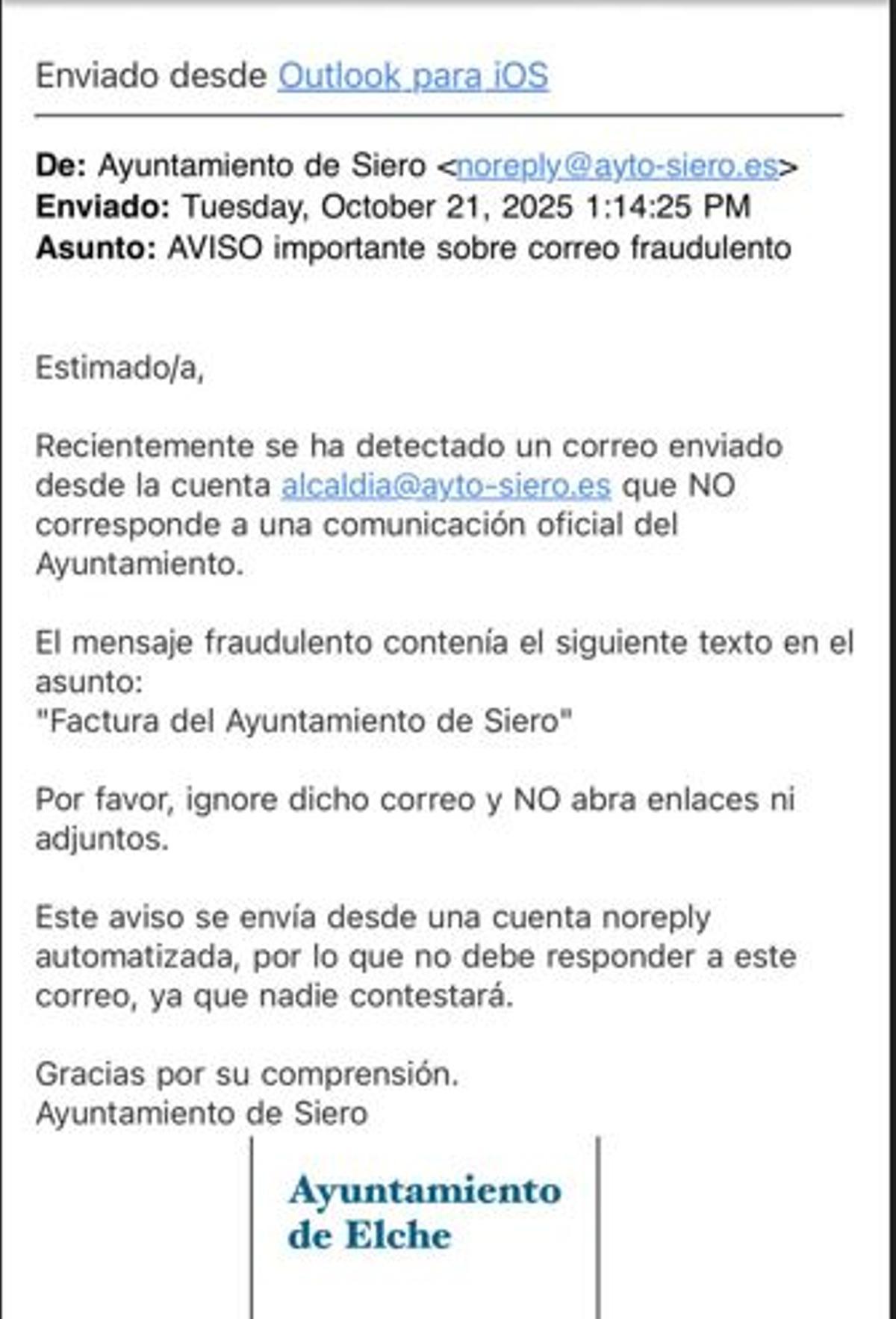 Uno de los avisos enviados por los técnicos informáticos a funcionarios y concejales advirtiendo de un de los mensajes sospechosos