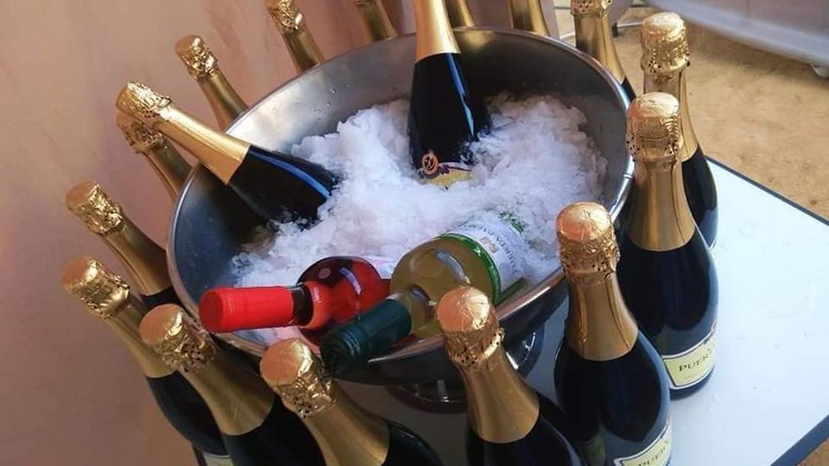 Botellas de cava extremeño se enfrían en un cubo con hielos Botellas de cava extremeño se enfrían en un cubo con hielos